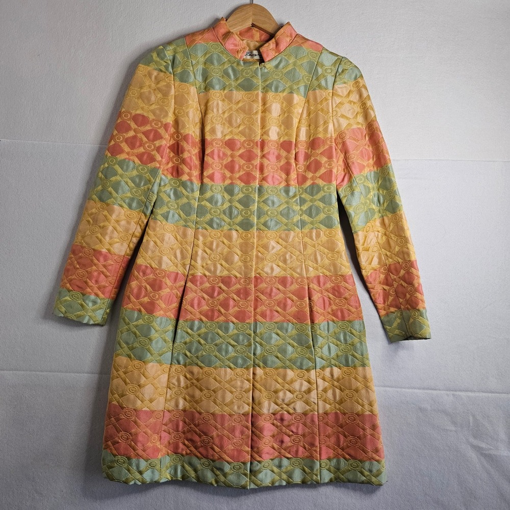 Vintage 60s Miss I. Magnin Brocade Mod Coat Dress Hostess Geometric MCM Mod